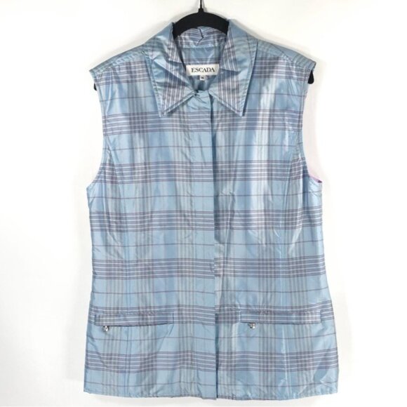 ESCADA 100% SILK Pink Blue Tartan Plaid Full Zip Puffer Vest Jacket Top Size 38